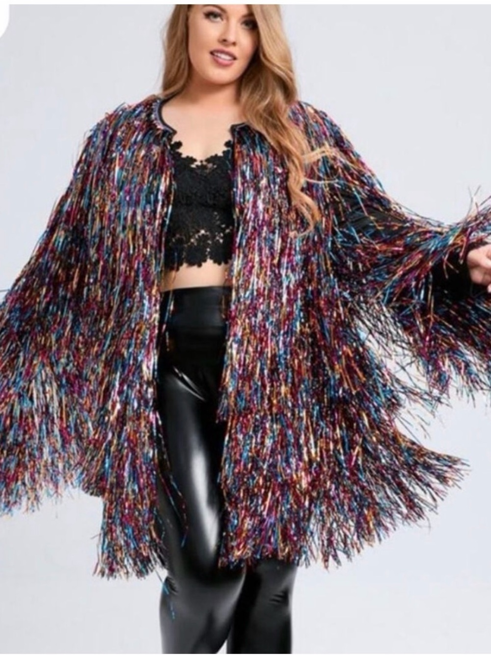 Xpluswear Multicolor Tinsel Fringe Open-Front Jacket